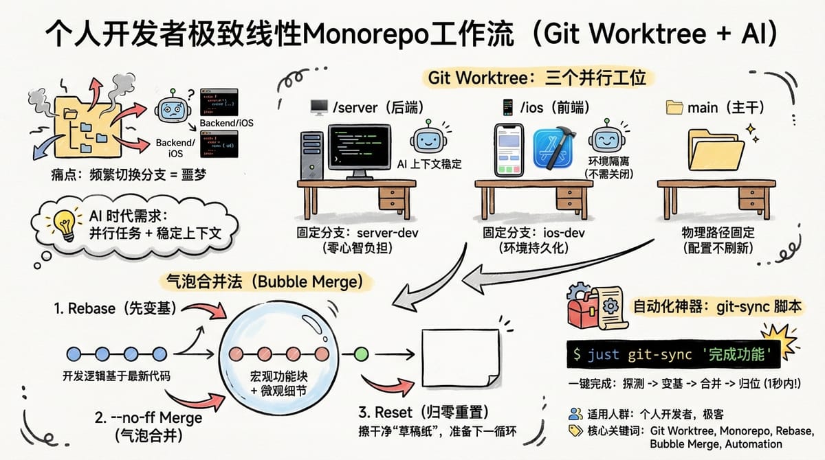 Git Worktree：AI 时代，构建个人开发者的 Monorepo 线性工作流